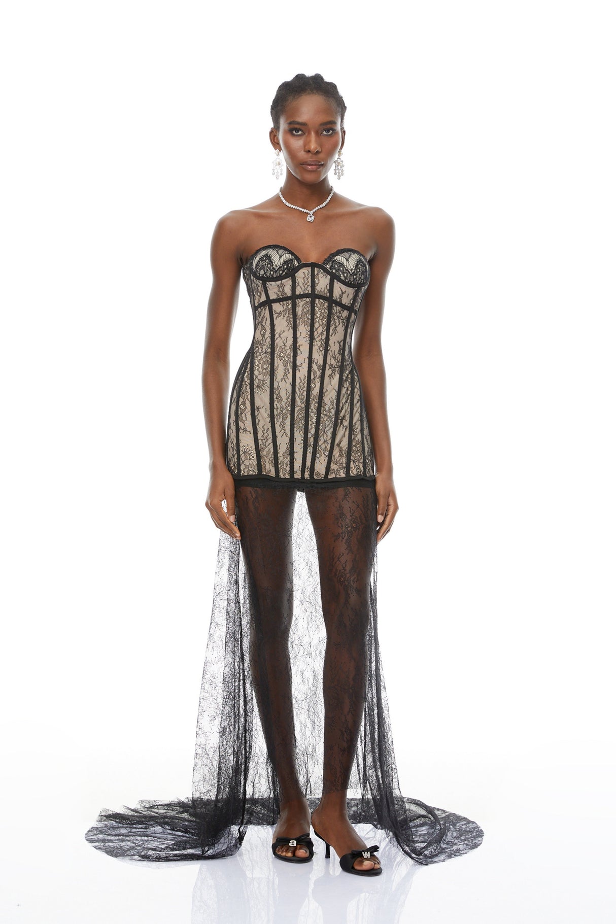 Aurohaya Astrid Black Floral Lace Corset Maxi Dress