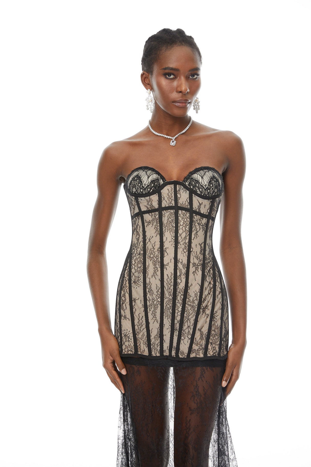 Aurohaya Astrid Black Floral Lace Corset Maxi Dress