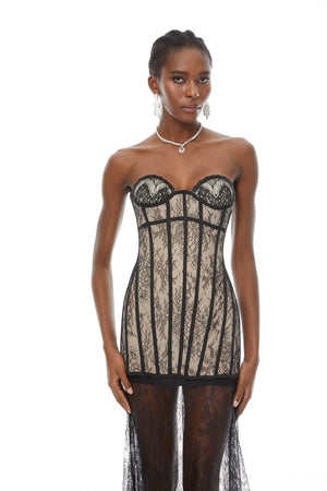 Aurohaya Astrid Black Floral Lace Corset Maxi Dress