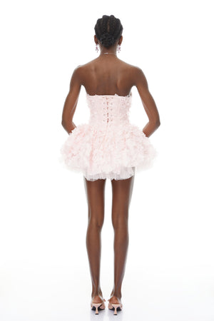 Aurohaya June Pink 3D Petal Puff Mini Dress
