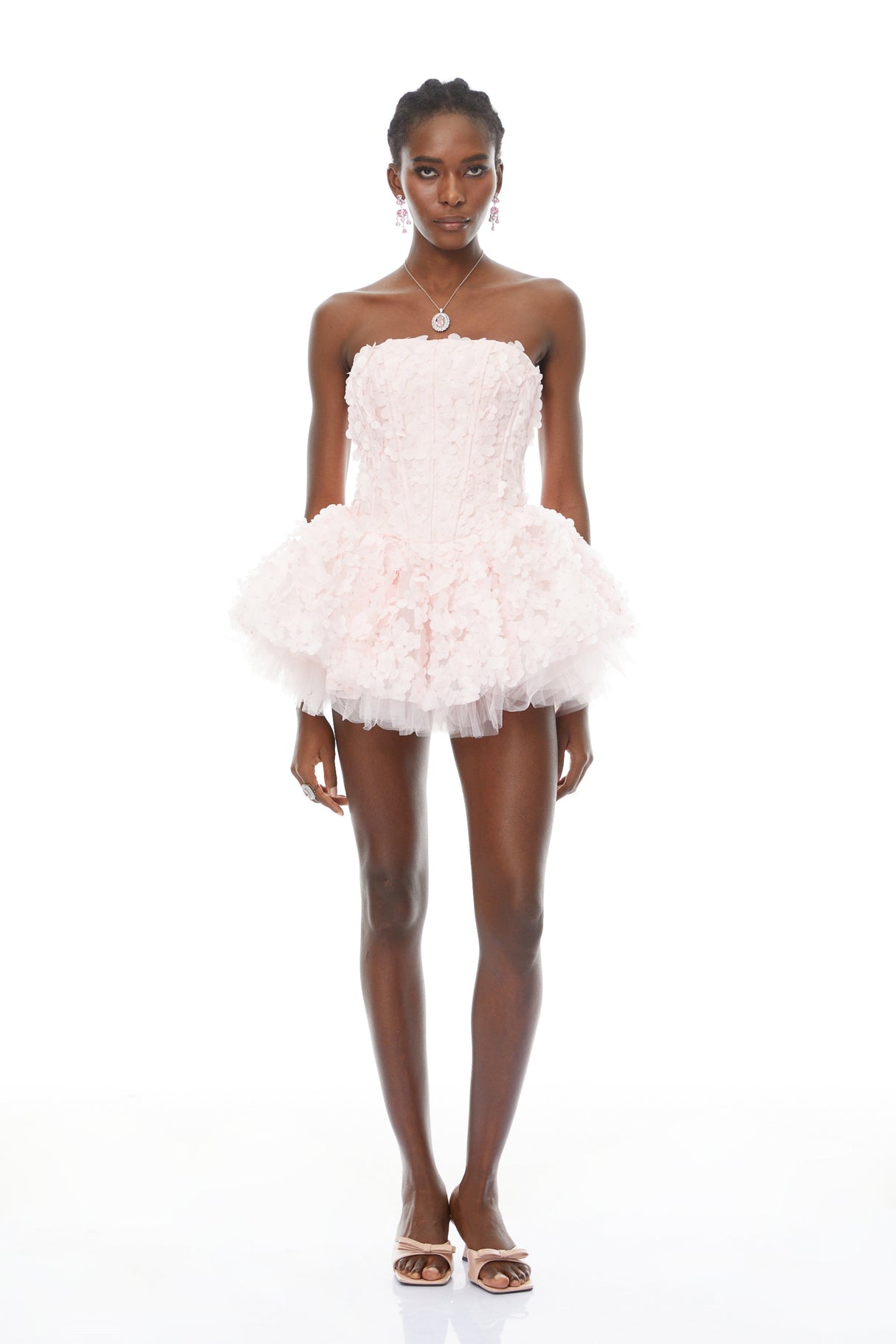 Aurohaya June Pink 3D Petal Puff Mini Dress