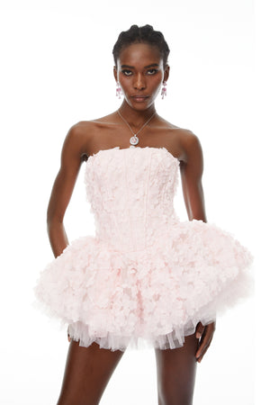 Aurohaya June Pink 3D Petal Puff Mini Dress