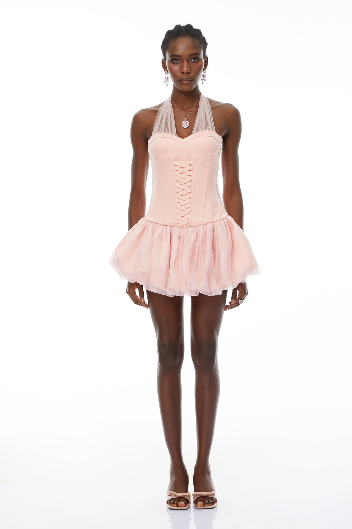 Aurohaya Constance Pink Halterneck Oraganza Panel Satin Mini Dress
