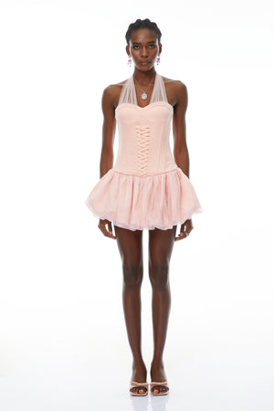 Aurohaya Constance Pink Halterneck Oraganza Panel Satin Mini Dress