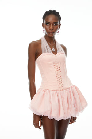 Aurohaya Constance Pink Halterneck Oraganza Panel Satin Mini Dress