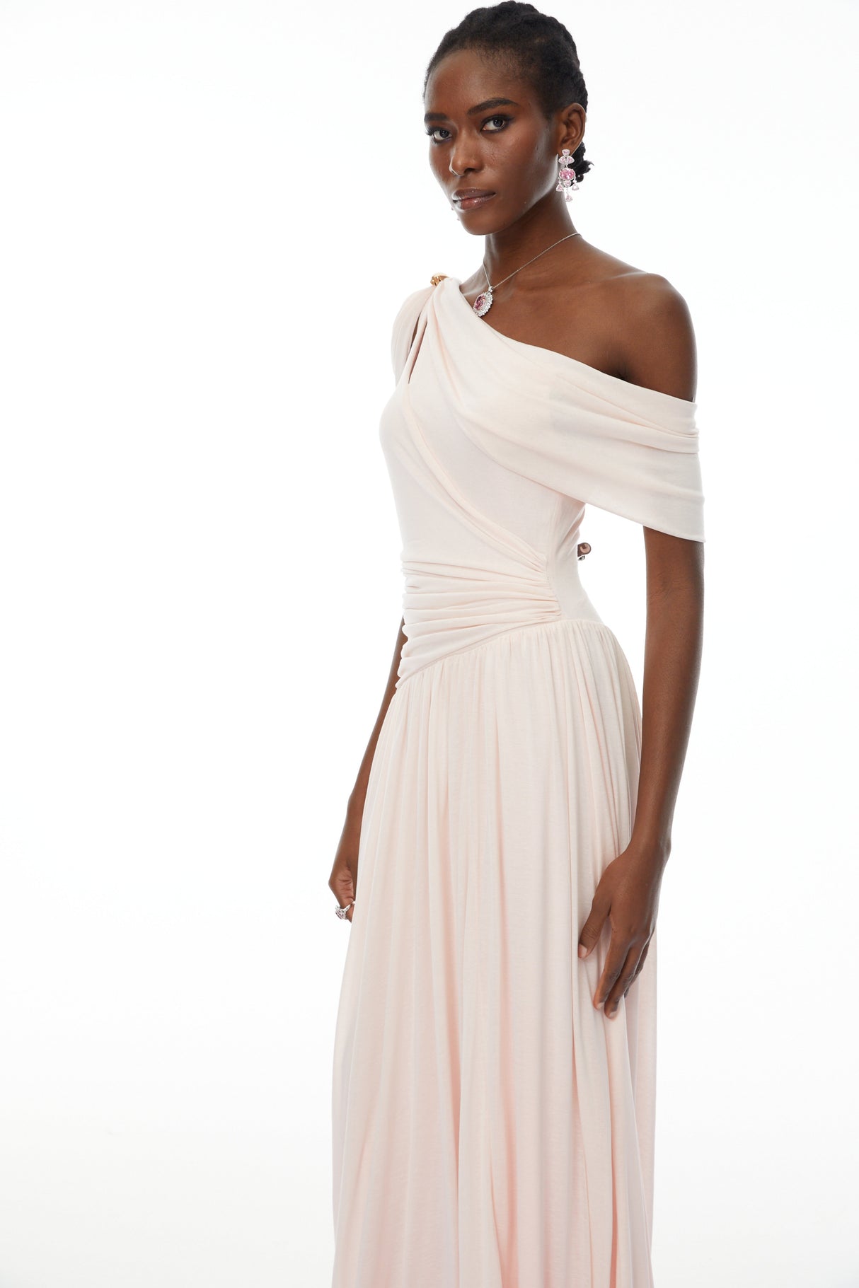 Aurohaya Sigrun Pink Asymmetrical Gathered Maxi Dress