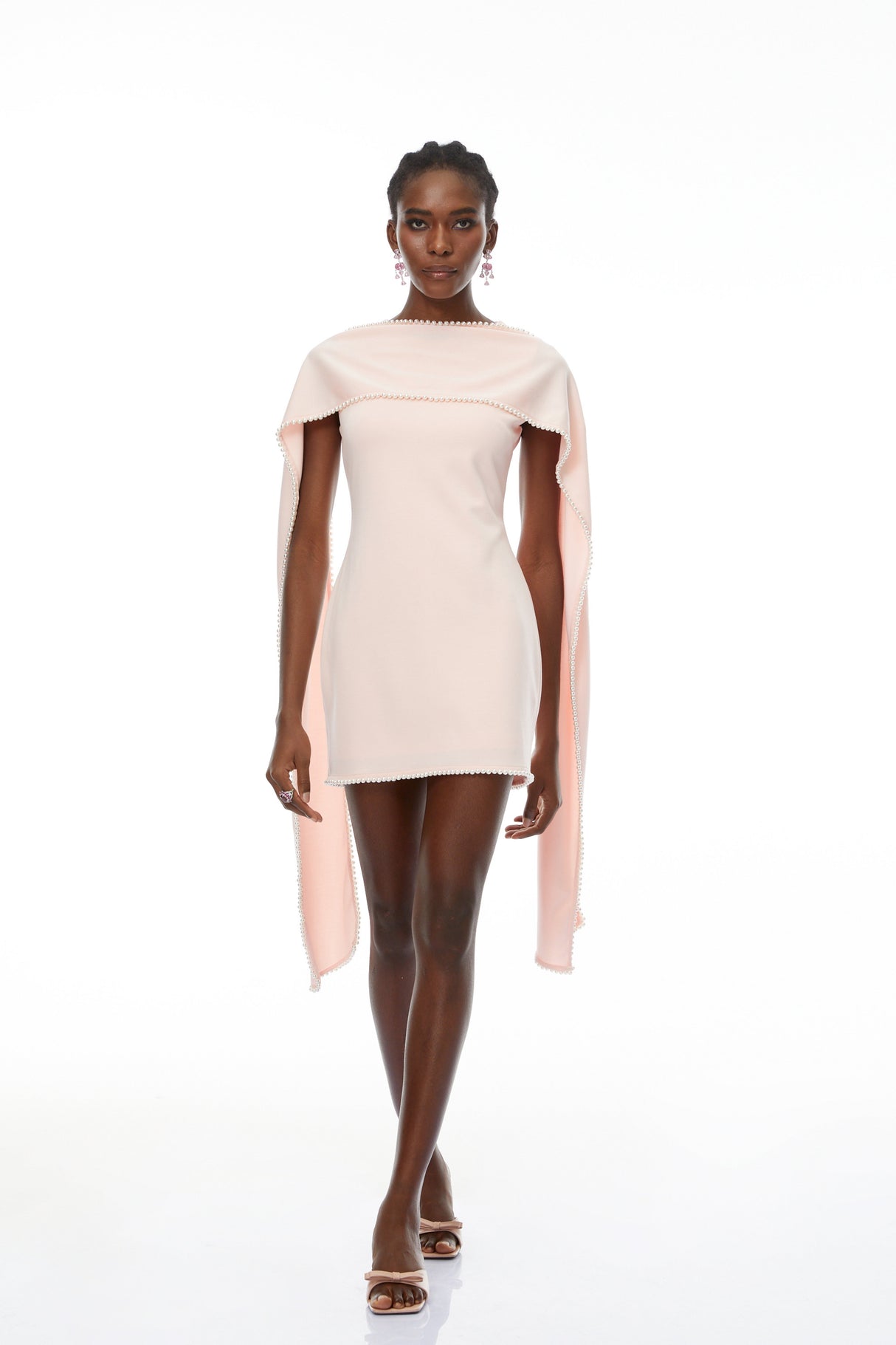Aurohaya Piroska Pink Sleeveless Pearl Trim Mini Dress