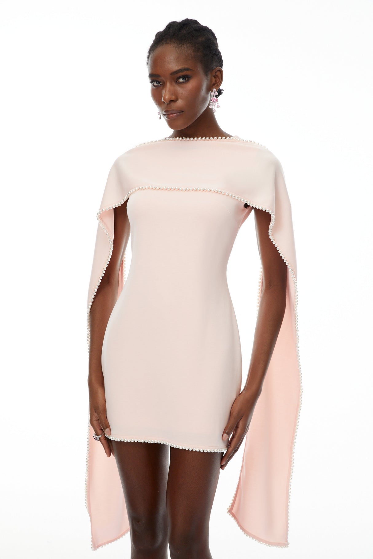 Aurohaya Piroska Pink Sleeveless Pearl Trim Mini Dress