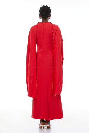 Aurohaya Piroska Red Pearl Trim Shawl Detail Maxi Dress