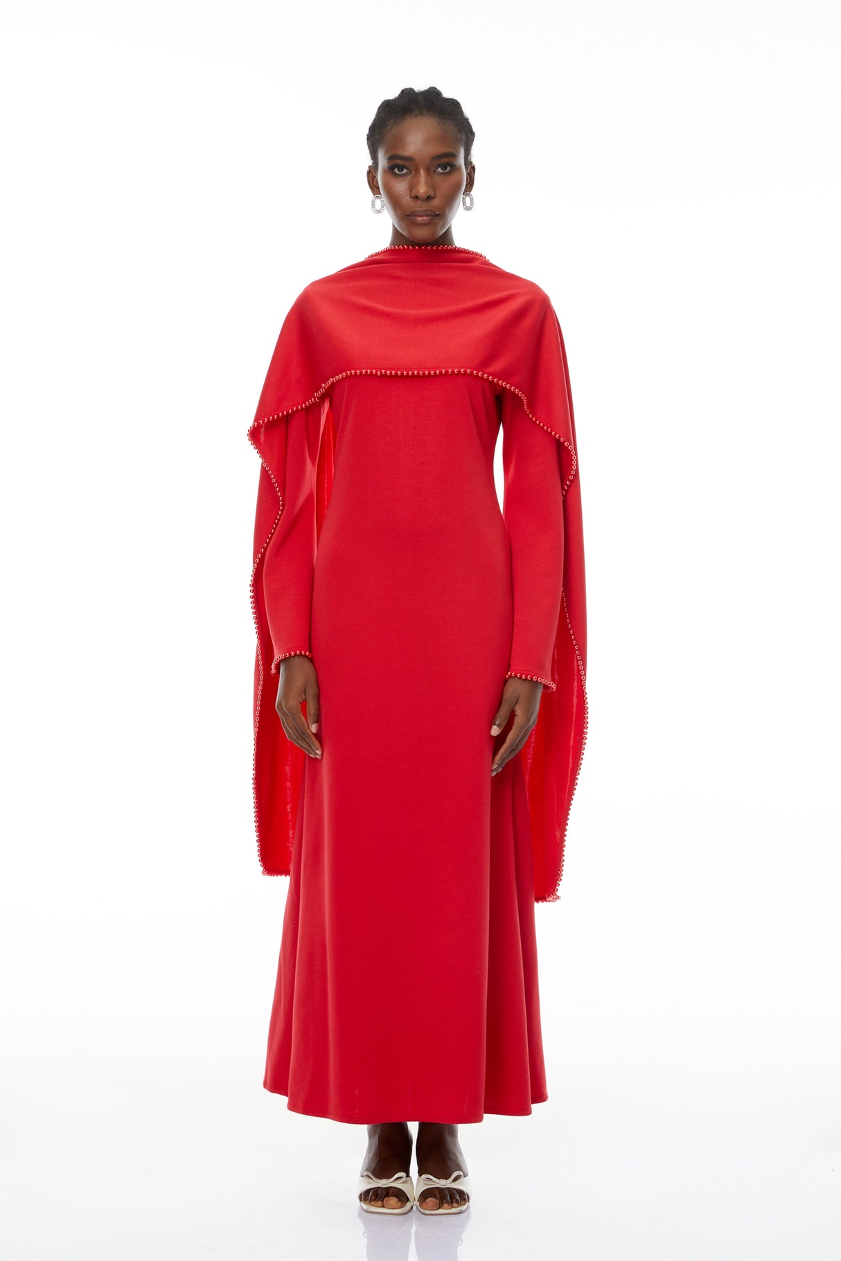 Aurohaya Piroska Red Pearl Trim Shawl Detail Maxi Dress