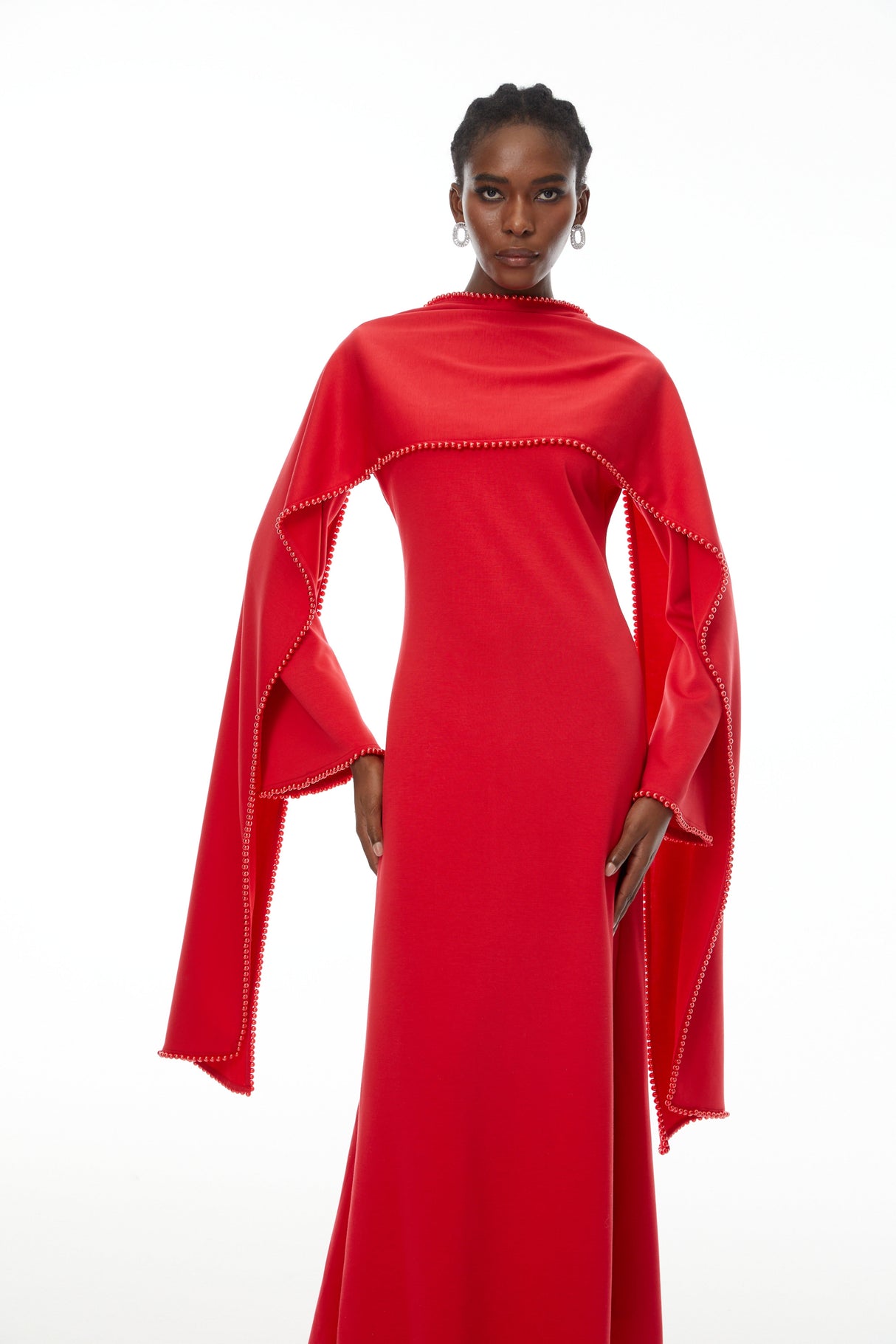 Aurohaya Piroska Red Pearl Trim Shawl Detail Maxi Dress