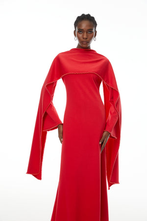 Aurohaya Piroska Red Pearl Trim Shawl Detail Maxi Dress