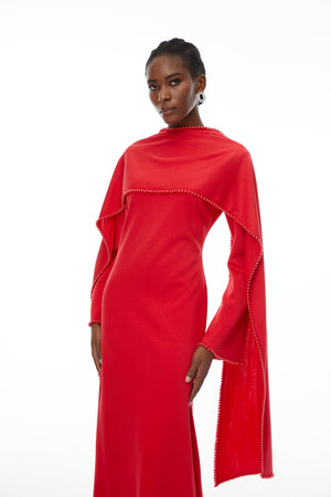 Aurohaya Piroska Red Pearl Trim Shawl Detail Maxi Dress