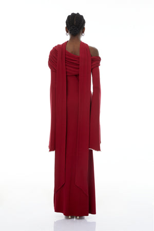 Aurohaya Simona Burgundy One Shoulder Pearl Trim Maxi Gown