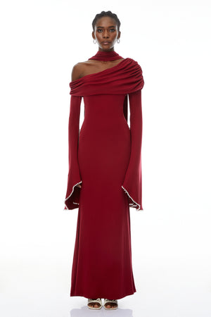 Aurohaya Simona Burgundy One Shoulder Pearl Trim Maxi Gown