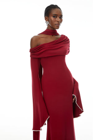 Aurohaya Simona Burgundy One Shoulder Pearl Trim Maxi Gown