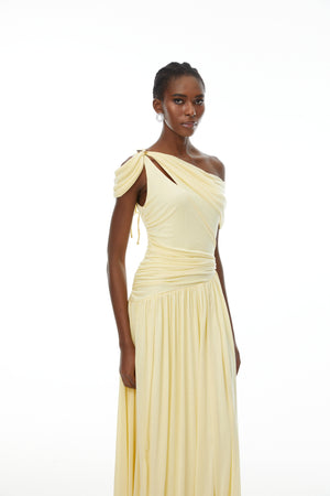 Aurohaya Sigrun Yellow Asymmetrical Gathered Maxi Dress