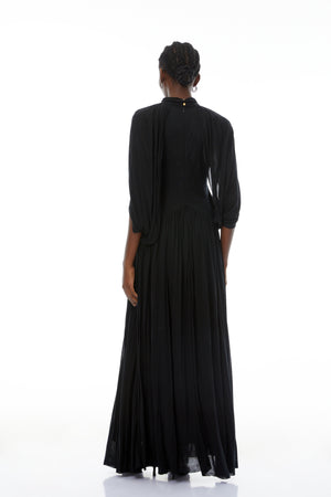 Aurohaya Bergljot Black Cape Design Mesh Maxi Dress