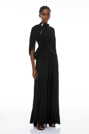 Aurohaya Bergljot Black Cape Design Mesh Maxi Dress