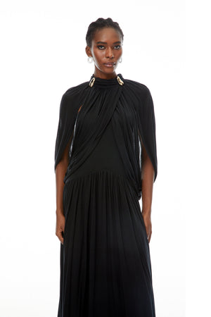 Aurohaya Bergljot Black Cape Design Mesh Maxi Dress