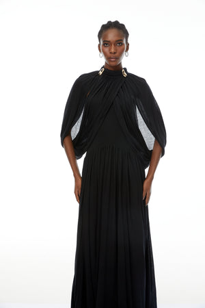 Aurohaya Bergljot Black Cape Design Mesh Maxi Dress