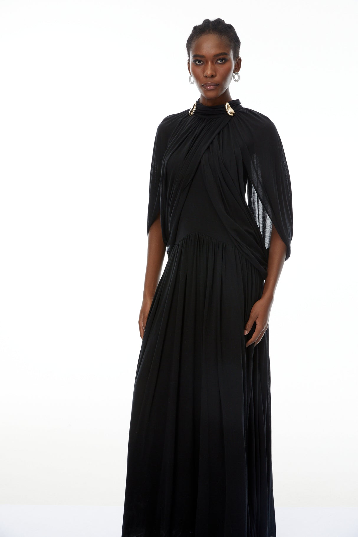Aurohaya Bergljot Black Cape Design Mesh Maxi Dress