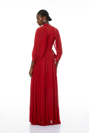 Aurohaya Bergljot Red Cape Design Mesh Maxi Dress