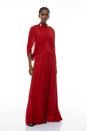 Aurohaya Bergljot Red Cape Design Mesh Maxi Dress
