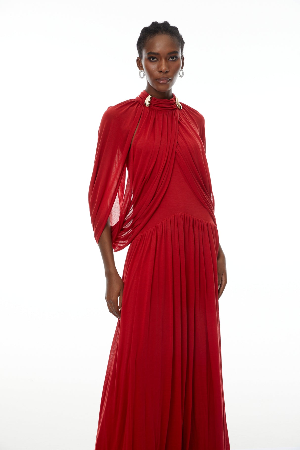 Aurohaya Bergljot Red Cape Design Mesh Maxi Dress