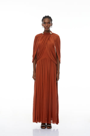 Aurohaya Bergljot Orange Cape Design Mesh Maxi Dress
