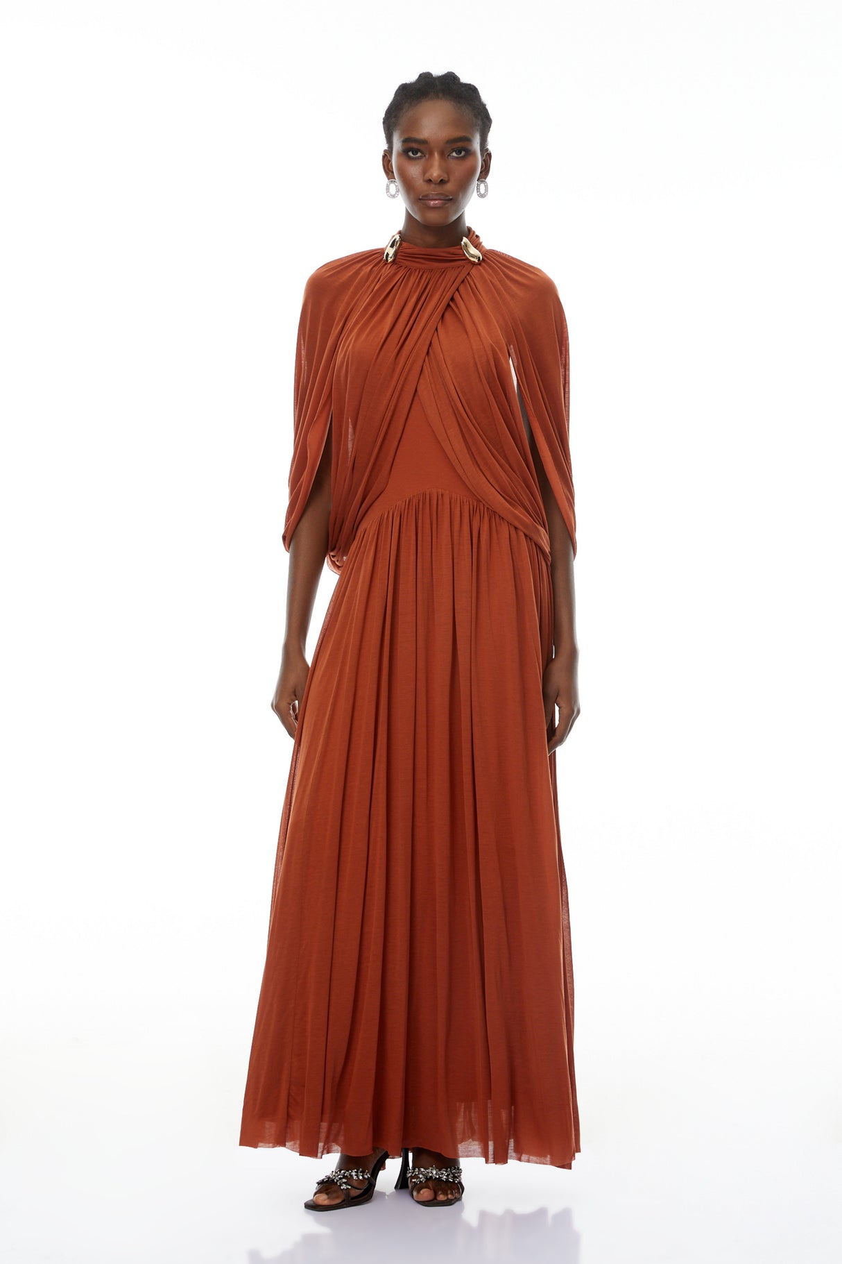 Aurohaya Bergljot Orange Cape Design Mesh Maxi Dress