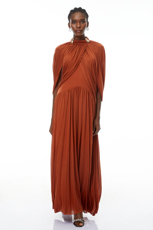 Aurohaya Bergljot Orange Cape Design Mesh Maxi Dress