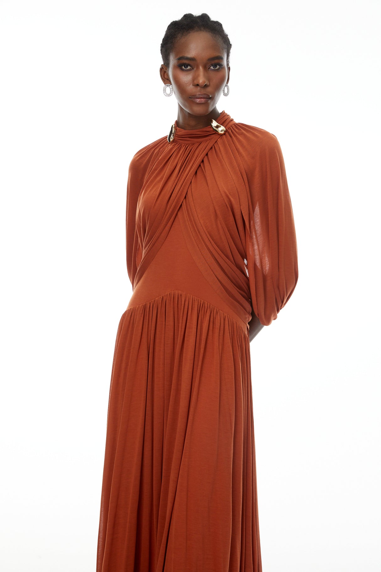 Aurohaya Bergljot Orange Cape Design Mesh Maxi Dress