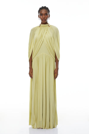 Aurohaya Bergljot Green Cape Design Mesh Maxi Dress