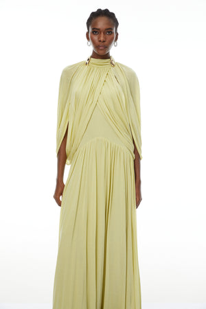 Aurohaya Bergljot Green Cape Design Mesh Maxi Dress