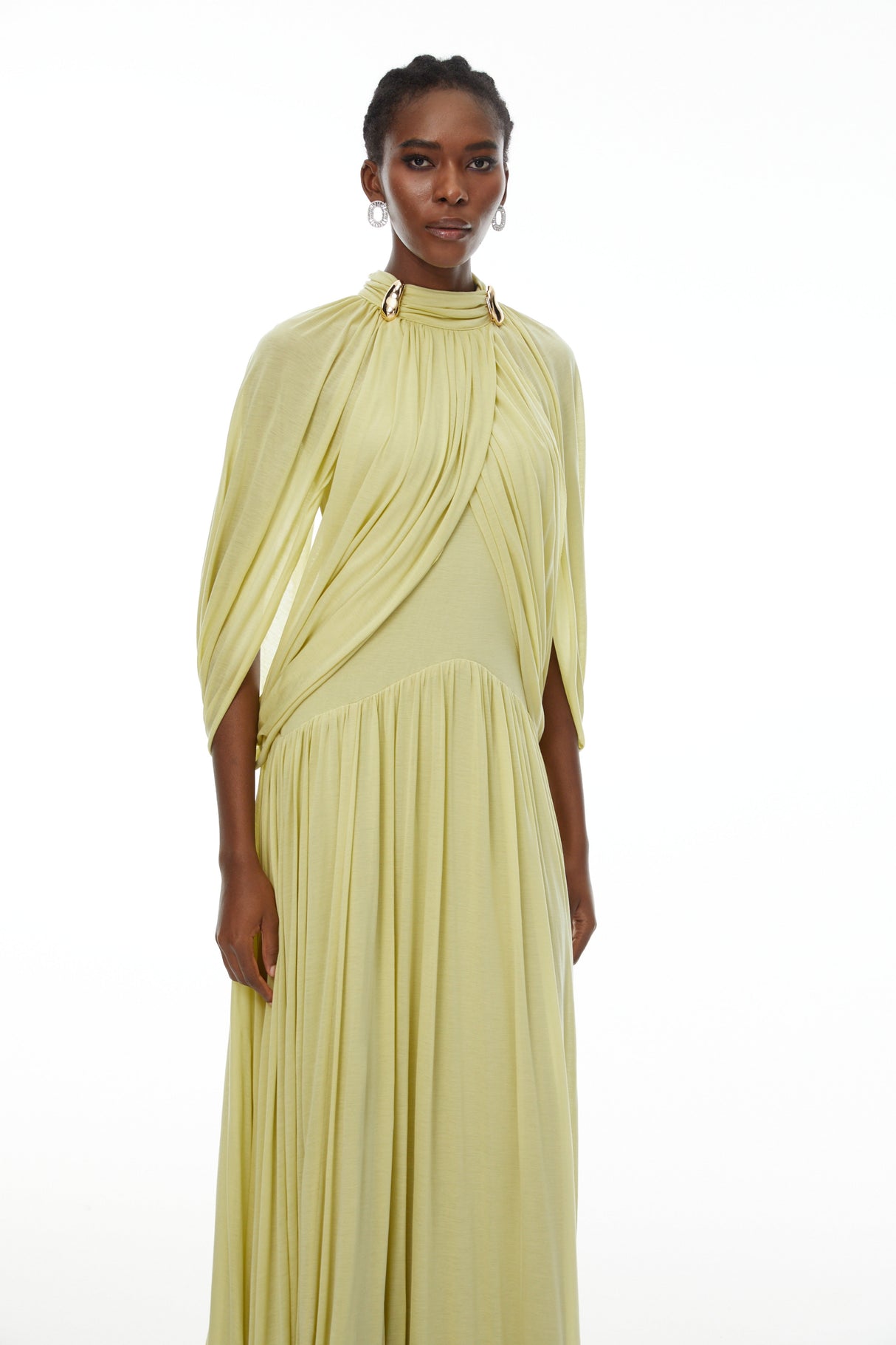 Aurohaya Bergljot Green Cape Design Mesh Maxi Dress
