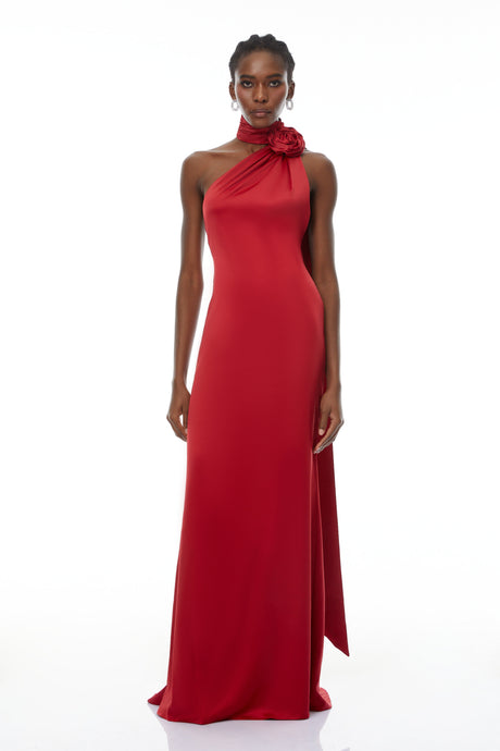 Aurohaya Frederica Red Halterneck 3D Petal Maxi Dress