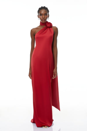 Aurohaya Frederica Red Halterneck 3D Petal Maxi Dress