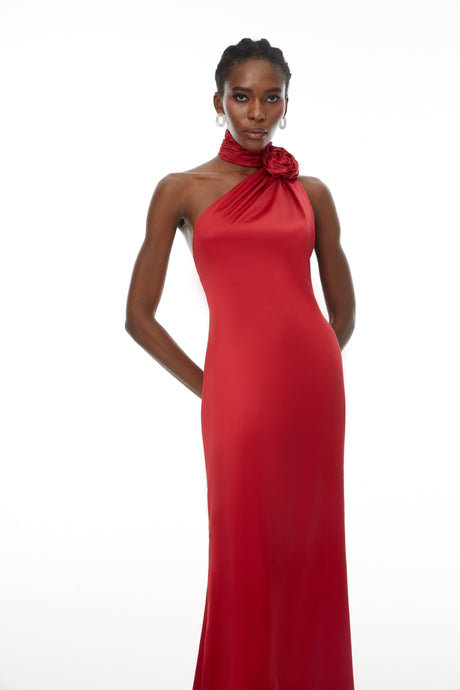 Aurohaya Frederica Red Halterneck 3D Petal Maxi Dress
