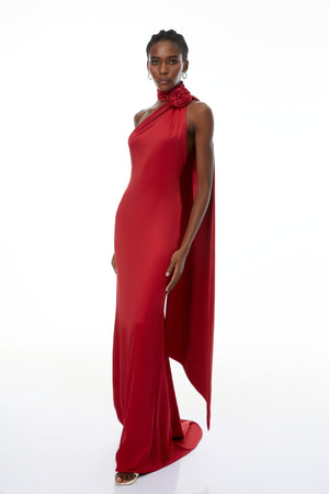 Aurohaya Frederica Red Halterneck 3D Petal Maxi Dress