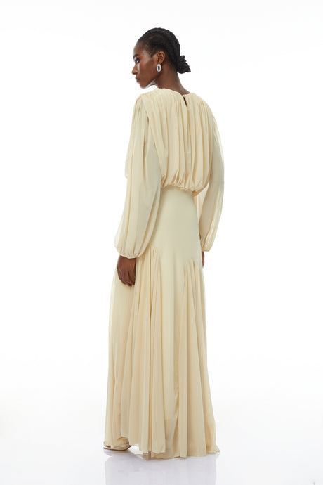 Aurohaya Annabelle Yellow Lantern Sleeve Pleated Maxi Dress