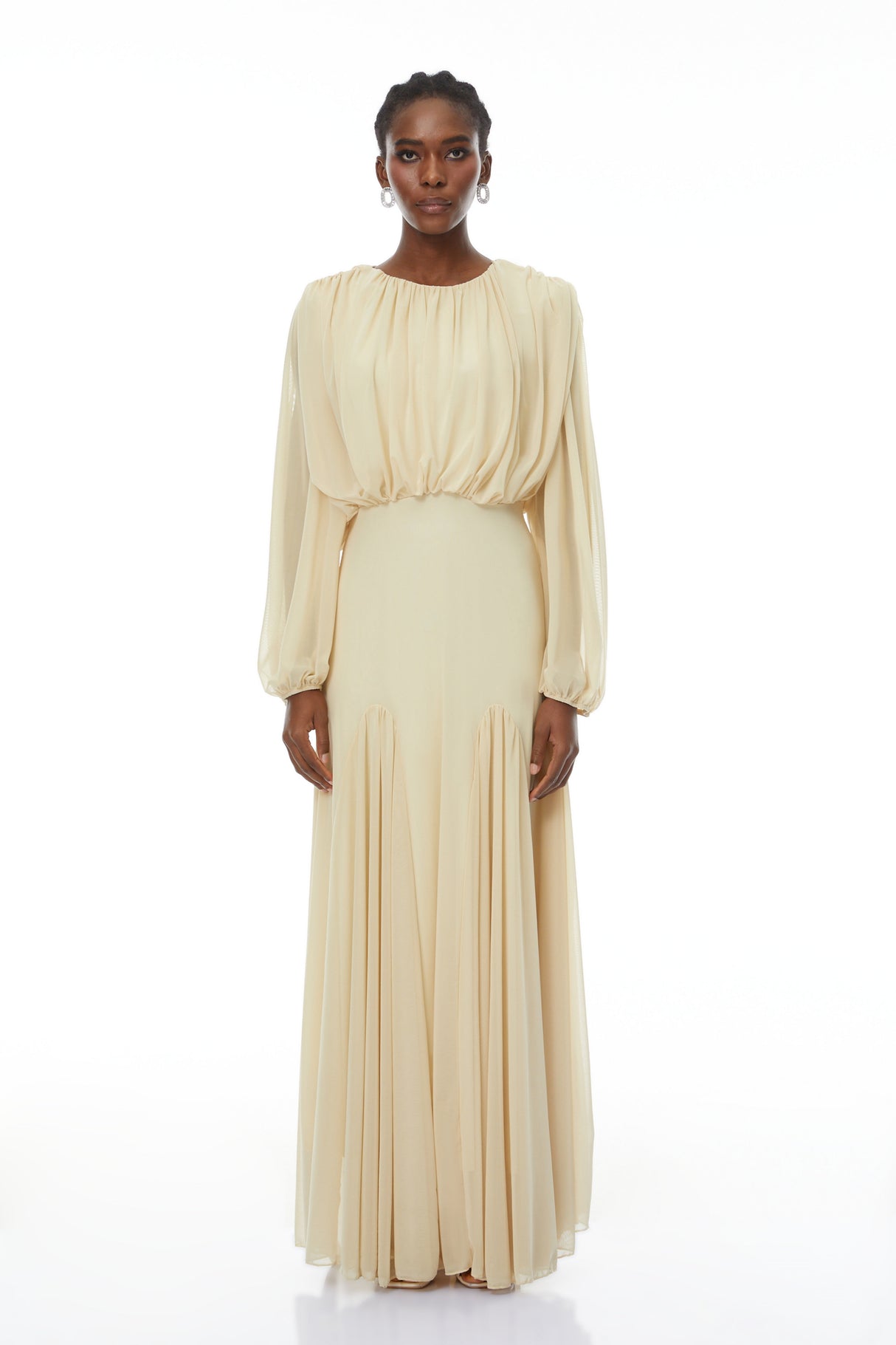 Aurohaya Annabelle Yellow Lantern Sleeve Pleated Maxi Dress