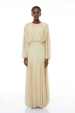 Aurohaya Annabelle Yellow Lantern Sleeve Pleated Maxi Dress