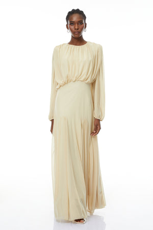 Aurohaya Annabelle Yellow Lantern Sleeve Pleated Maxi Dress