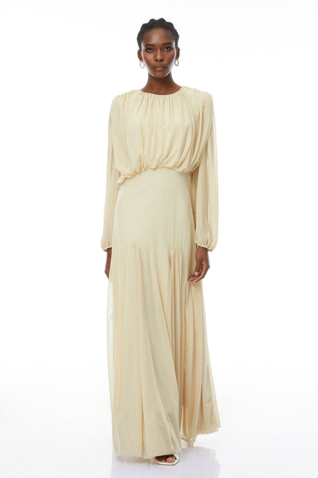 Aurohaya Annabelle Yellow Lantern Sleeve Pleated Maxi Dress
