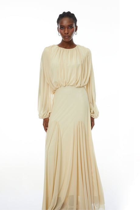 Aurohaya Annabelle Yellow Lantern Sleeve Pleated Maxi Dress