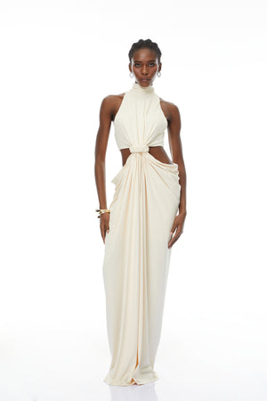 Aurohaya Joaquín Neutral Braid Detail Ruched Dress Maxi