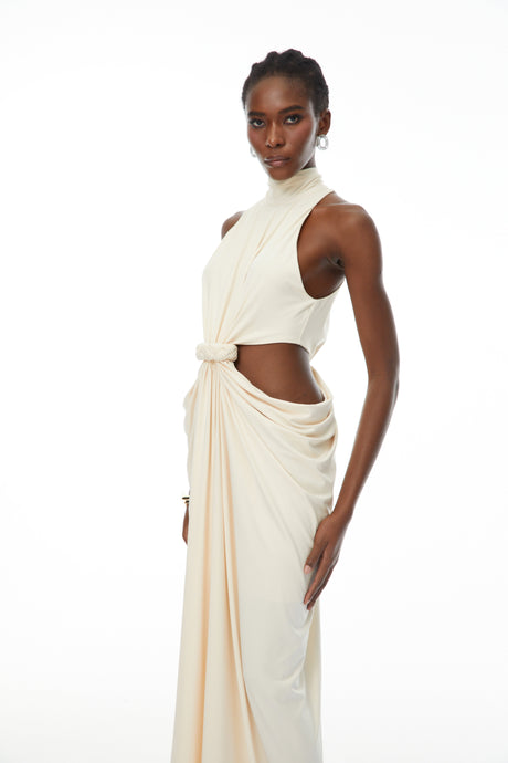 Aurohaya Joaquín Neutral Braid Detail Ruched Dress Maxi