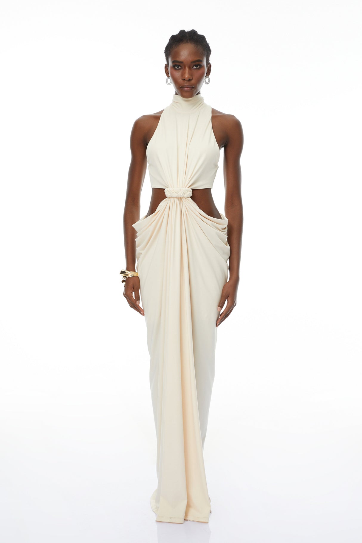 Aurohaya Joaquín Neutral Braid Detail Ruched Dress Maxi