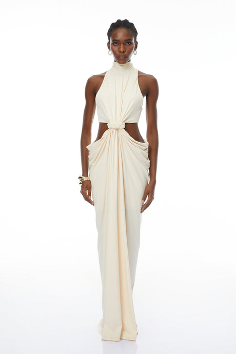Aurohaya Joaquín Neutral Braid Detail Ruched Dress Maxi